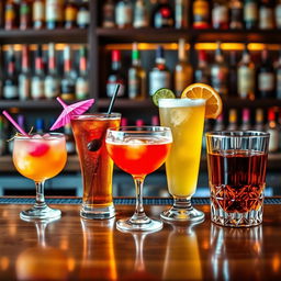 A visually stunning array of colorful alcoholic drinks displayed on a polished wooden bar
