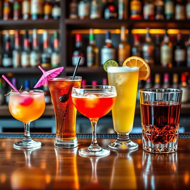 A visually stunning array of colorful alcoholic drinks displayed on a polished wooden bar