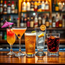 A visually stunning array of colorful alcoholic drinks displayed on a polished wooden bar