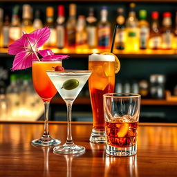 A visually stunning array of colorful alcoholic drinks displayed on a polished wooden bar