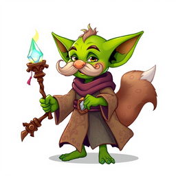 A playful goblin character with bright green skin and a whimsical, curled mustache