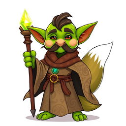 A playful goblin character with bright green skin and a whimsical, curled mustache