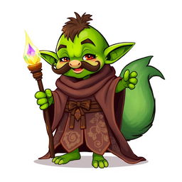 A playful goblin character with bright green skin and a whimsical, curled mustache