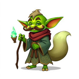 A playful goblin character with bright green skin and a whimsical, curled mustache