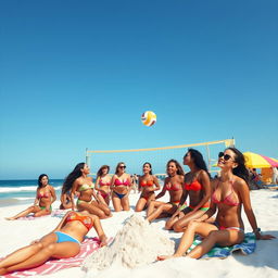 A vibrant summer beach scene featuring a group of diverse individuals in stylish bikinis enjoying the sun