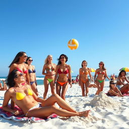 A vibrant summer beach scene featuring a group of diverse individuals in stylish bikinis enjoying the sun