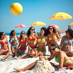 A vibrant summer beach scene featuring a group of diverse individuals in stylish bikinis enjoying the sun