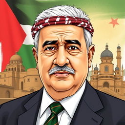 A portrait of Mahmoud Abbas, the President of Palestine, illustrated in a realistic and respectful style
