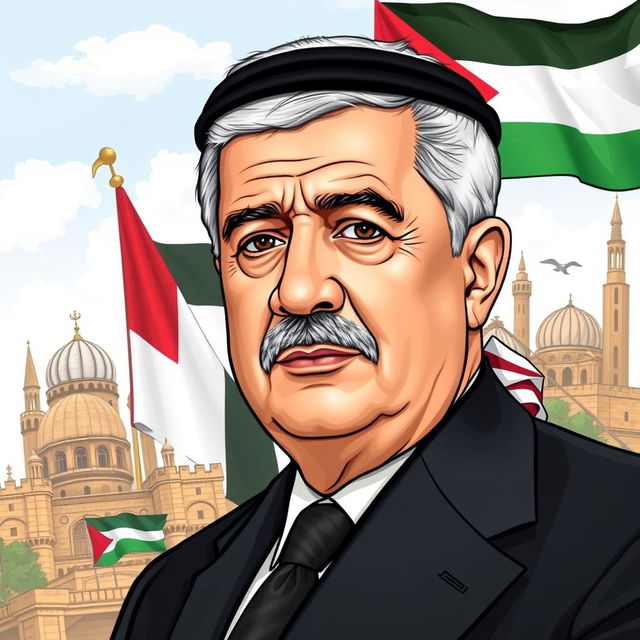 A portrait of Mahmoud Abbas, the President of Palestine, illustrated in a realistic and respectful style