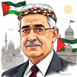 A portrait of Mahmoud Abbas, the President of Palestine, illustrated in a realistic and respectful style