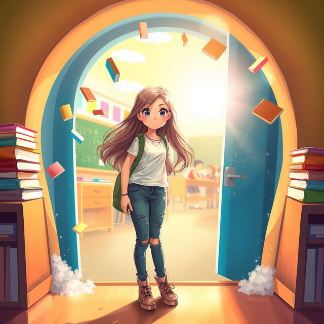 A girl standing in a magical portal that leads to a vibrant school environment, with colorful books flying around, bright sunshine illuminating the scene, and playful elements like a chalkboard with drawings and students in the background