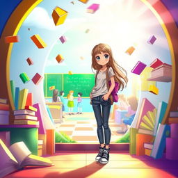A girl standing in a magical portal that leads to a vibrant school environment, with colorful books flying around, bright sunshine illuminating the scene, and playful elements like a chalkboard with drawings and students in the background