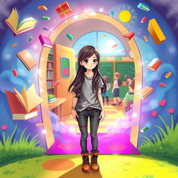 A girl standing in a magical portal that leads to a vibrant school environment, with colorful books flying around, bright sunshine illuminating the scene, and playful elements like a chalkboard with drawings and students in the background