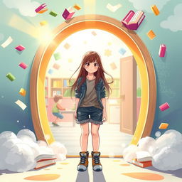 A girl standing in a magical portal that leads to a vibrant school environment, with colorful books flying around, bright sunshine illuminating the scene, and playful elements like a chalkboard with drawings and students in the background