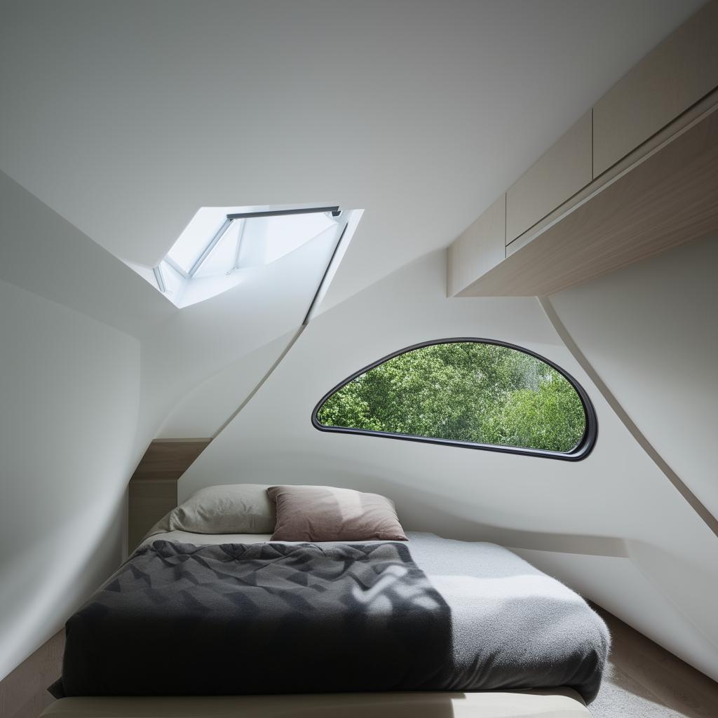 A modern bedroom in an unusually shaped room featuring one small window