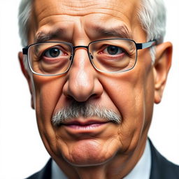 A detailed portrait of Mahmoud Abbas, emphasizing his facial features such as his glasses, skin tone, and expression