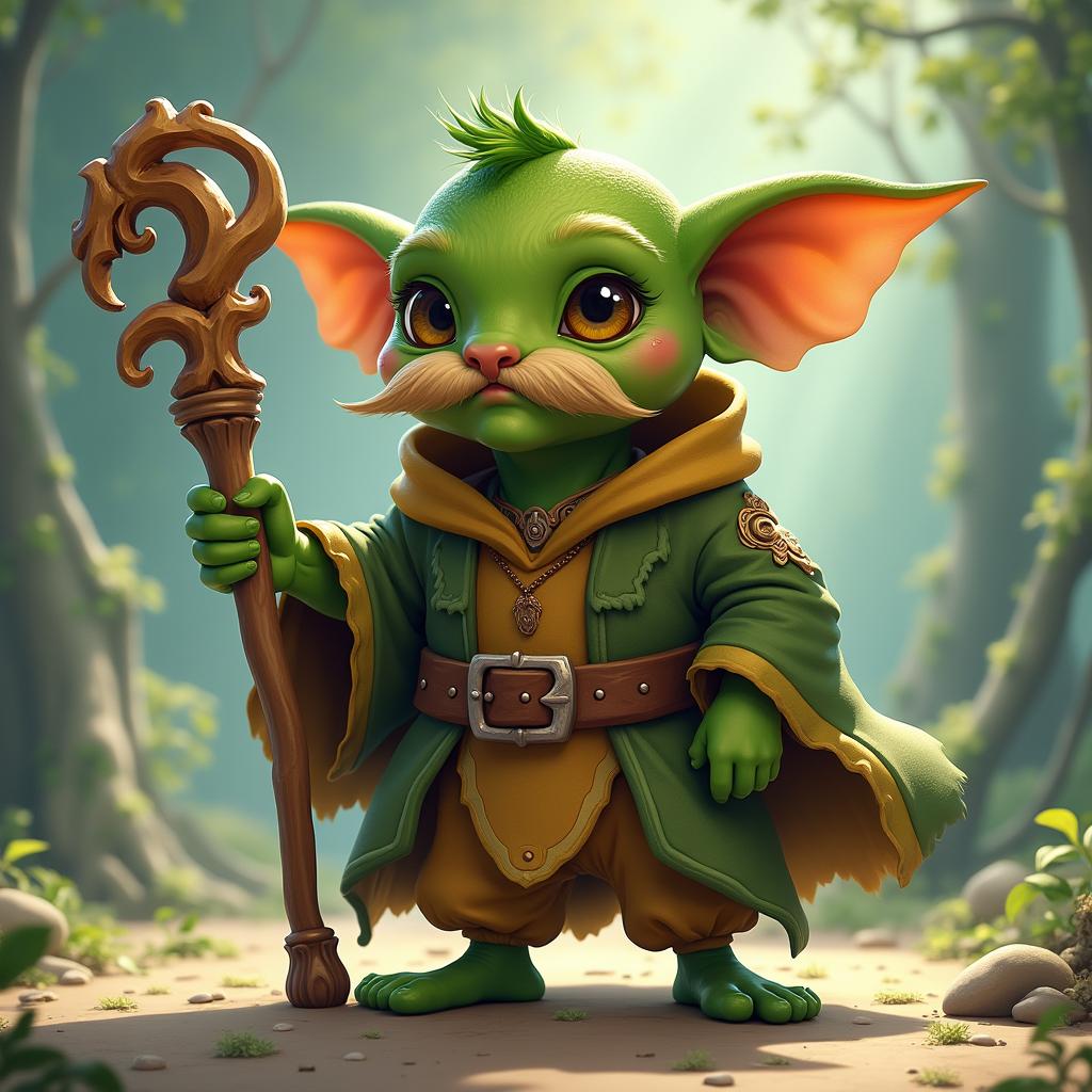 A delightful goblin character with a bushy mustache, confidently holding an ornate staff