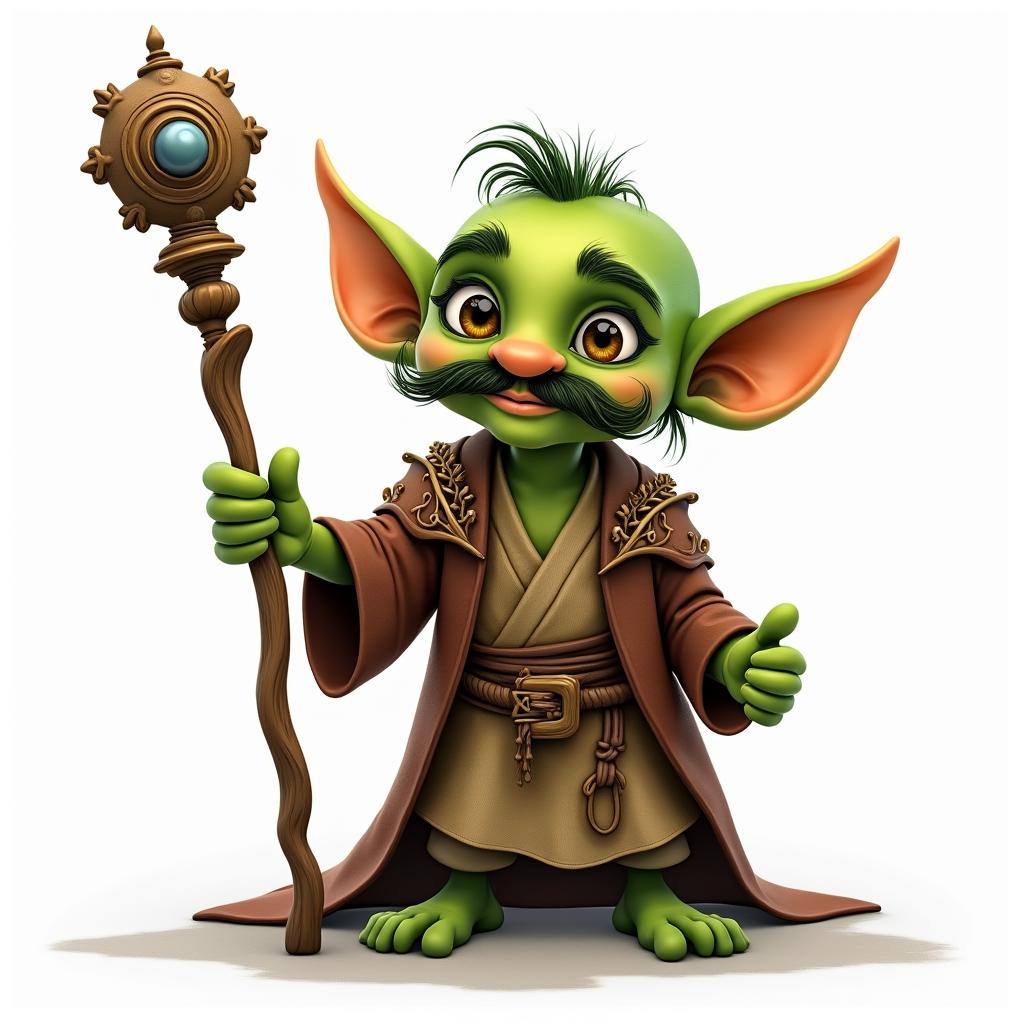 A charming goblin character with a bushy mustache, confidently holding an ornate staff