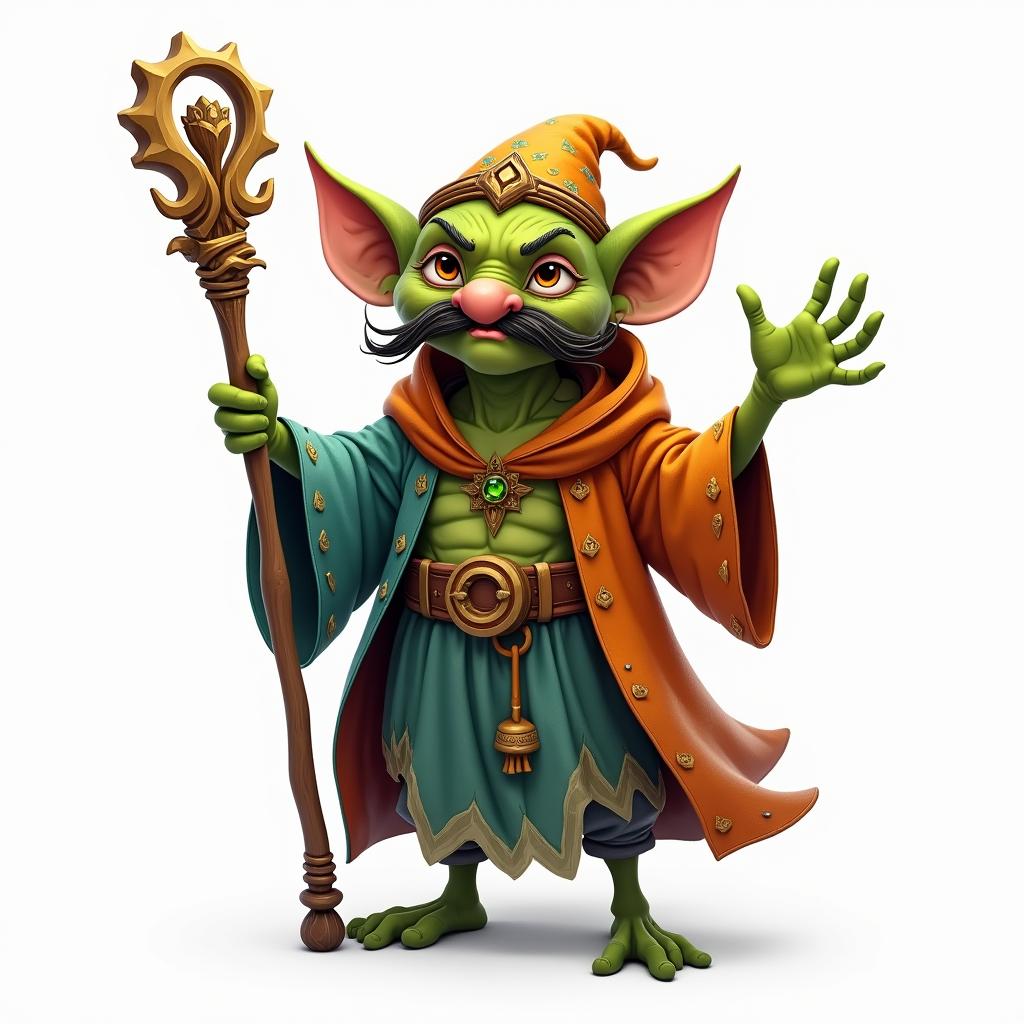 A charming goblin character with a distinctive mustache, confidently holding an ornate staff