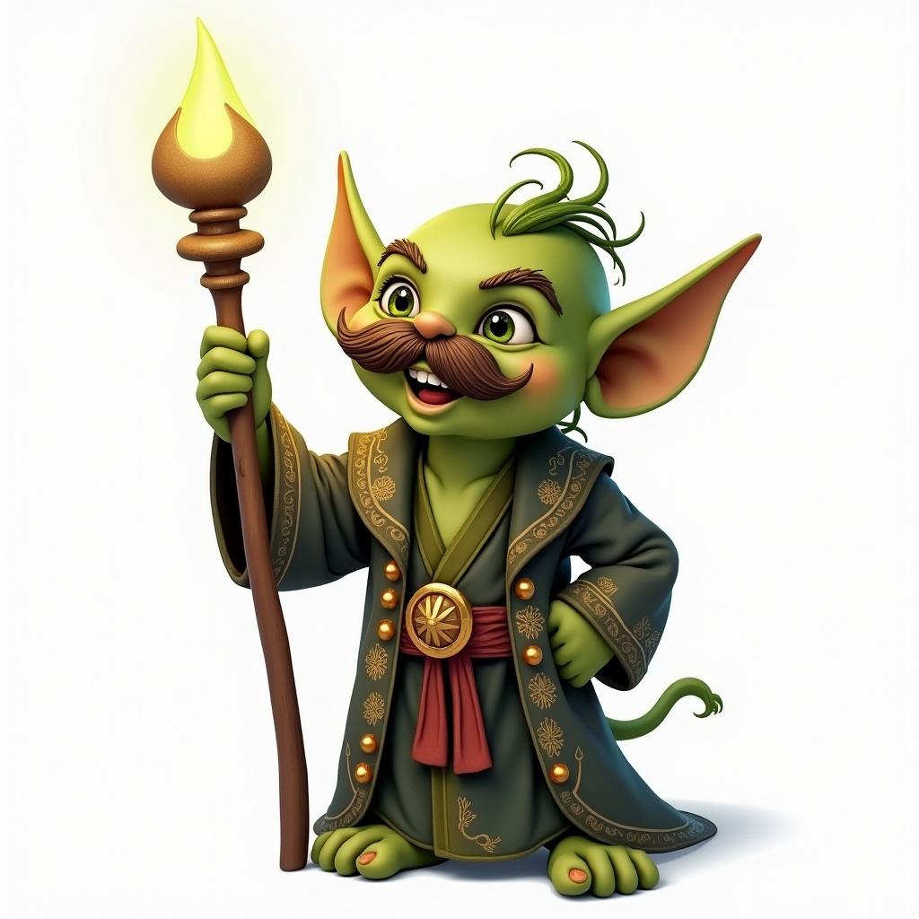 A charming goblin character with a bushy mustache, confidently holding a mystical staff