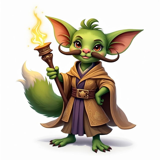 A charming goblin character featuring a prominent mustache, confidently holding a magical staff