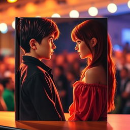 A captivating book cover featuring a beautiful red-haired girl with striking orange eyes, standing facing a boy with sleek black hair and vibrant green eyes