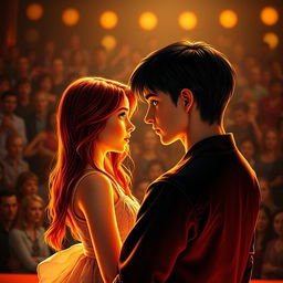 A captivating book cover featuring a beautiful red-haired girl with striking orange eyes, standing facing a boy with sleek black hair and vibrant green eyes