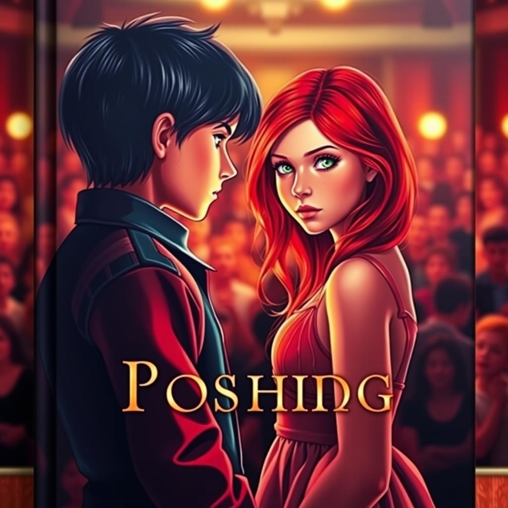 A captivating book cover featuring a beautiful red-haired girl with striking orange eyes, standing facing a boy with sleek black hair and vibrant green eyes