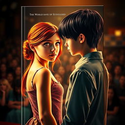 A captivating book cover featuring a beautiful red-haired girl with striking orange eyes, standing facing a boy with sleek black hair and vibrant green eyes