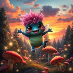 An artistic representation of a whimsical creature called 'Jibobs', characterized by its vibrant colors, oversized eyes, and playful demeanor
