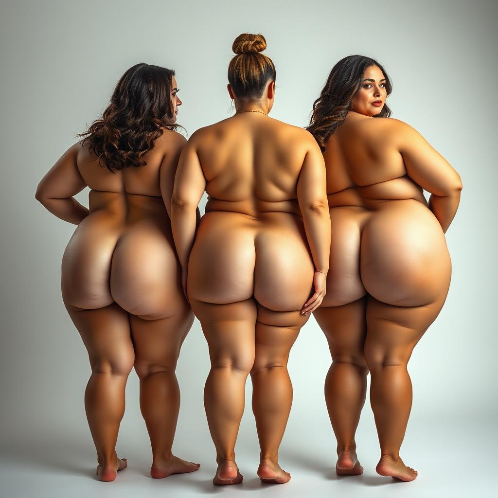 A captivating artistic display of three beautiful young women with impeccable faces and curvaceous bodies, each flaunting extremely generous busts and remarkably large posteriors, accentuated by their huge, shapely thighs