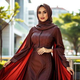 A stylish and elegant woman wearing a beautifully designed, fitted jilbab that accentuates her figure while maintaining modesty