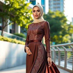 A stylish and elegant woman wearing a beautifully designed, fitted jilbab that accentuates her figure while maintaining modesty