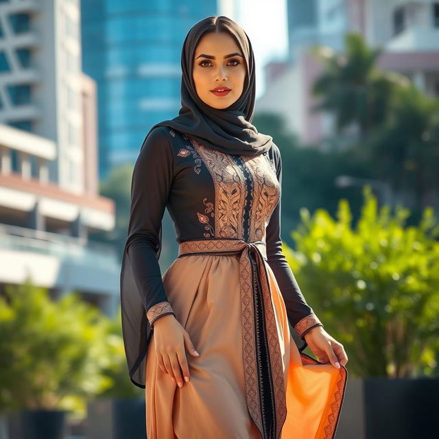 A stylish and elegant woman wearing a beautifully designed, fitted jilbab that accentuates her figure while maintaining modesty