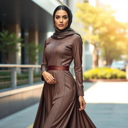 A stylish and elegant woman wearing a beautifully designed, fitted jilbab that accentuates her figure while maintaining modesty