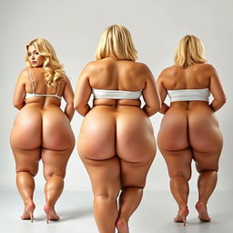 A captivating artistic presentation of three stunning blonde women with flawless faces and curvaceous bodies, each showcasing very generous busts and remarkably large posteriors, emphasized by their huge and shapely thighs
