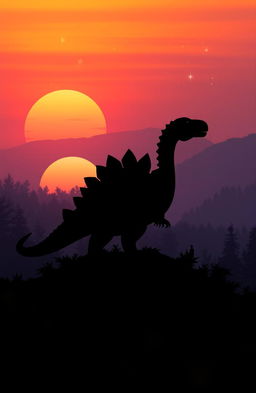 A magical silhouette of a stegosaurus standing majestically on a hill during a stunning sunset
