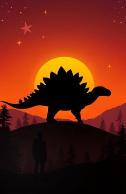 A magical silhouette of a stegosaurus standing majestically on a hill during a stunning sunset