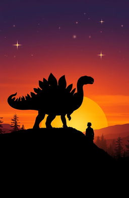 A magical silhouette of a stegosaurus standing majestically on a hill during a stunning sunset
