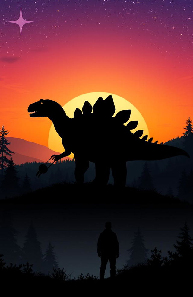 A magical silhouette of a stegosaurus standing majestically on a hill during a stunning sunset