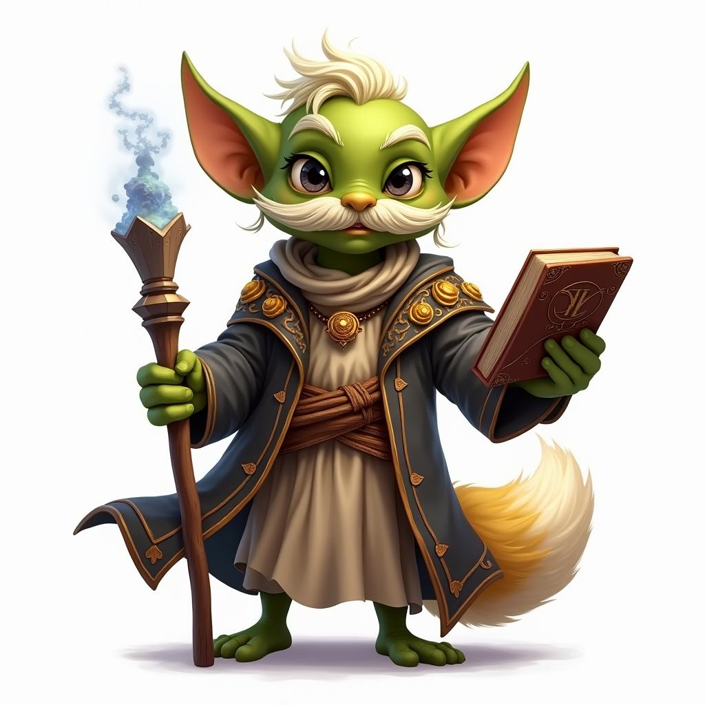 A charming goblin character sporting a bushy mustache, holding a magical staff in one hand and an ancient book in the other