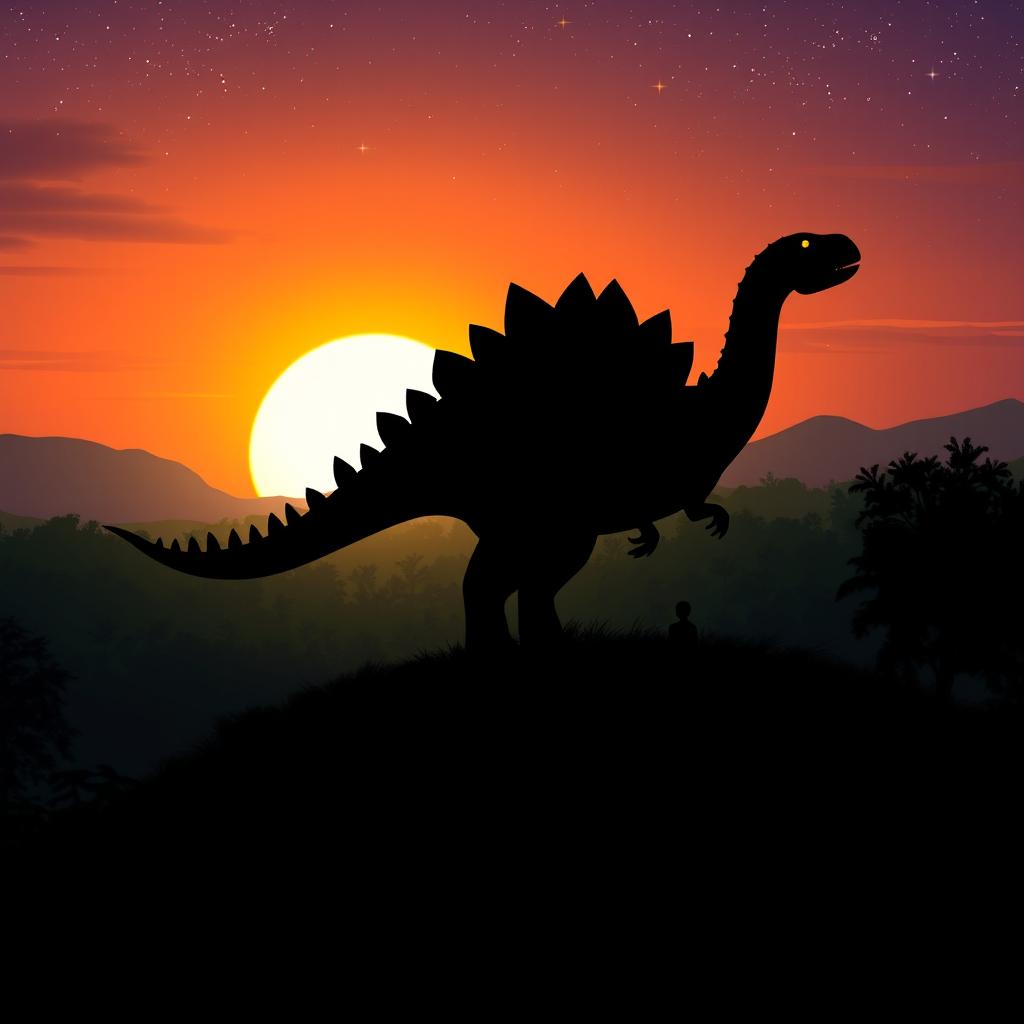 A magical silhouette of a stegosaurus standing majestically on a hill during a stunning sunset