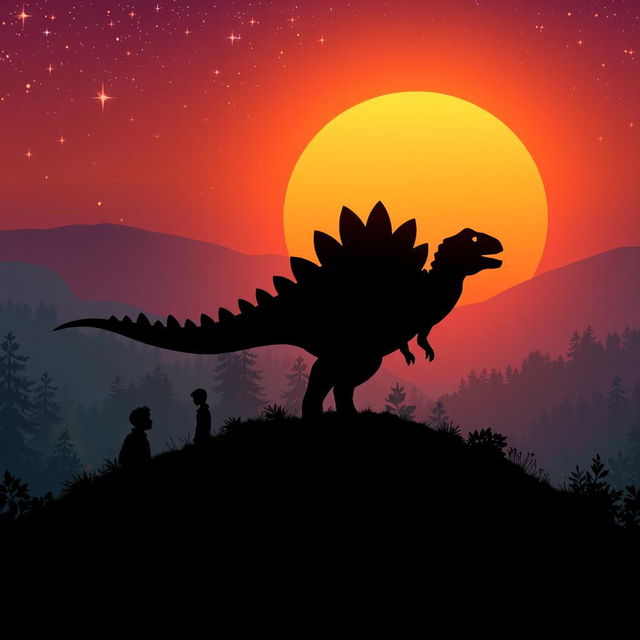 A magical silhouette of a stegosaurus standing majestically on a hill during a stunning sunset