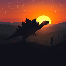 A magical silhouette of a stegosaurus standing majestically on a hill during a stunning sunset