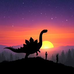 A magical silhouette of a stegosaurus standing majestically on a hill during a stunning sunset