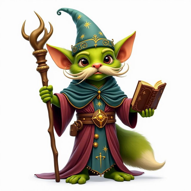 A whimsical goblin character with a bushy mustache, holding a magical staff in one hand and an ancient book in the other