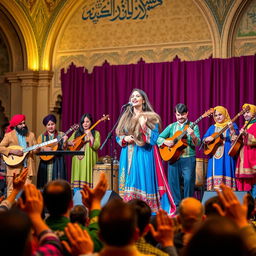 A vibrant scene depicting a traditional Persian music band performing on stage, featuring musicians dressed in colorful, traditional Persian attire