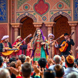 A vibrant scene depicting a traditional Persian music band performing on stage, featuring musicians dressed in colorful, traditional Persian attire