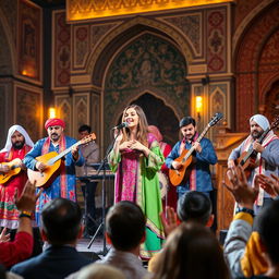A vibrant scene depicting a traditional Persian music band performing on stage, featuring musicians dressed in colorful, traditional Persian attire