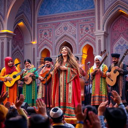 A vibrant scene depicting a traditional Persian music band performing on stage, featuring musicians dressed in colorful, traditional Persian attire